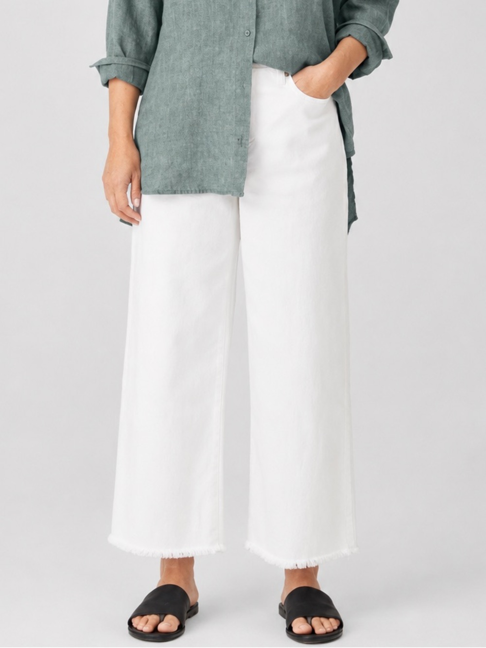 Eileen Fisher Organic Cotton Wide Leg White Jeans 2XL Raw Hem Stretch Zip Fly